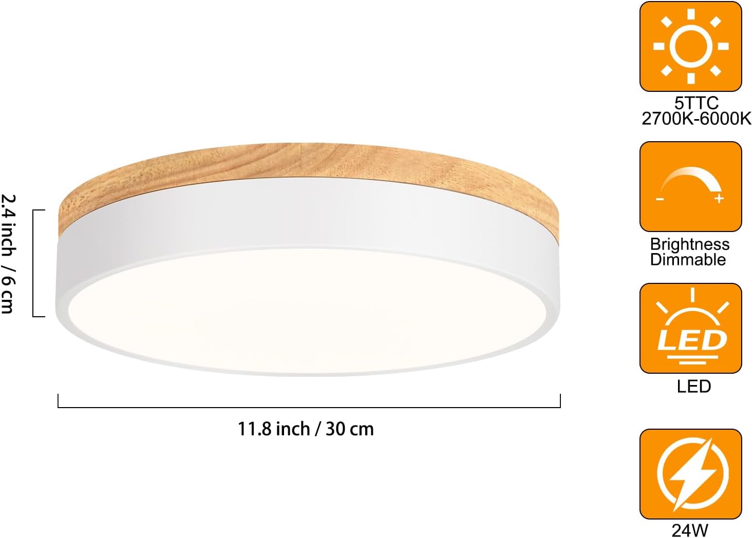 Yiisem Dimmable Wood LED Flush Mount Ceiling Light, 5CCT 2700K-6000K Modern Round Close to Ceiling Lighting Fixtures, Minimalist White Ceiling Lamp for Bedroom, Kitchen, Hallway, Laundry Room