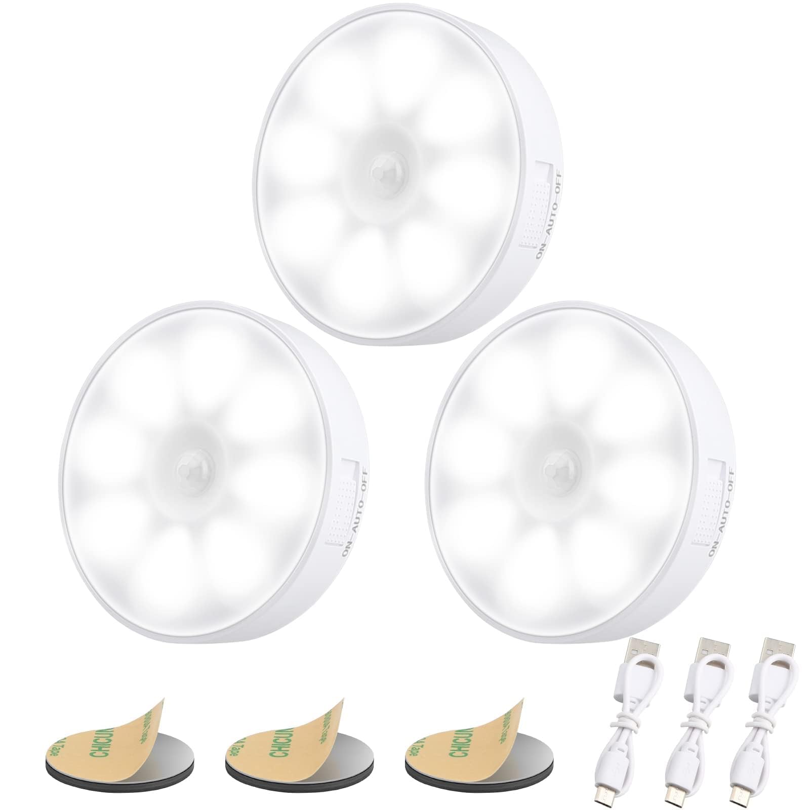 Upgraded Motion Sensor Light, 8 LEDs, 3 Pack Rechargeable, 120 Detection, 3 Modes - Closet, Bedroom, Stair, Hallway Light - 6000K Cold White