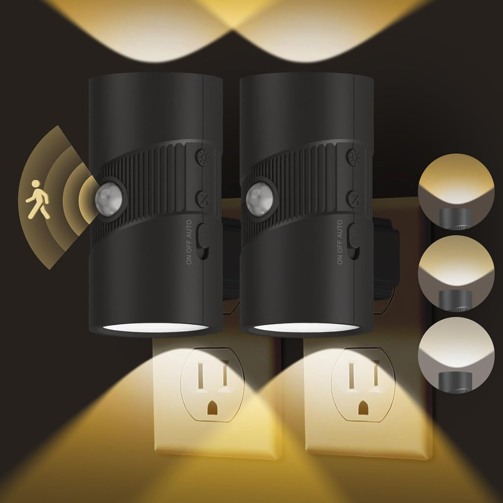 easuntec Motion Sensor Night Light, Night Lights Plug into Wall, Motion Sensor & Dusk to Dawn Sensor, 3 Light Modes, Dimmable Night Light for Bedroom Bathroom Hallway Stair (Black, 2 Pack)