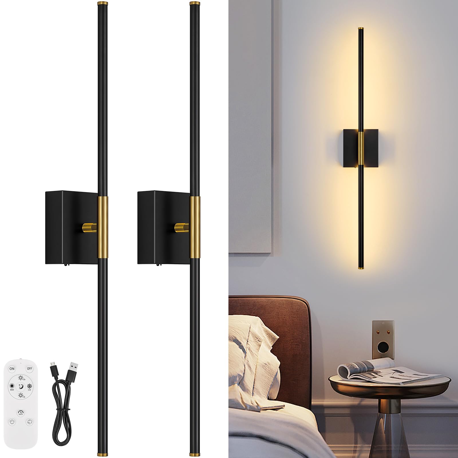 Battery Operated Wall Sconce Set of Two with Remote Control, 3000K-6000K Dimmable Black Wall Lights, Timable LED Wireless Wall Sconces, 350° Ratate for Bathroom, Living Room, Hallway 29.1 Inch