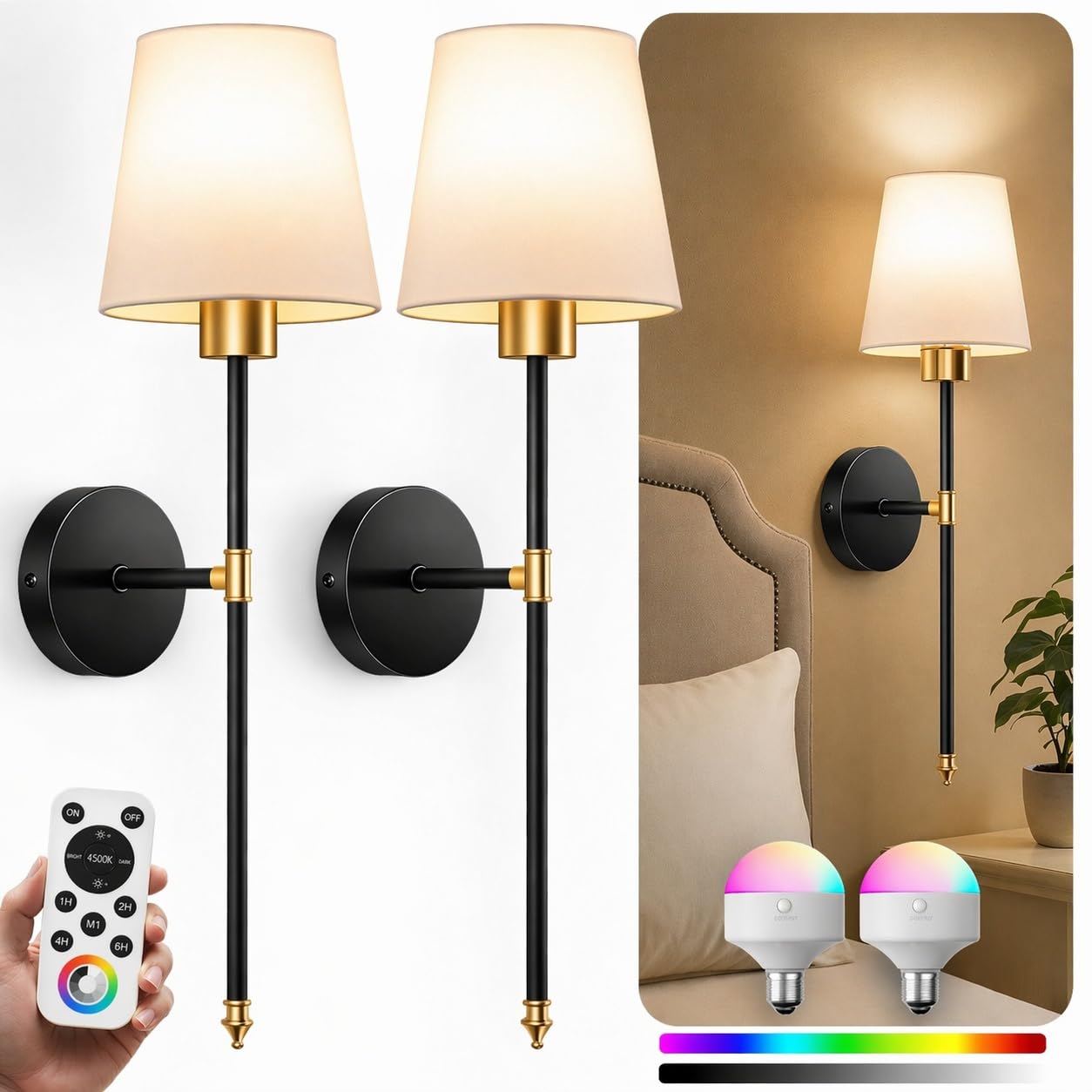 IRONPAX Wall Sconces Battery Operated Set of 2, Wireless Rechargeable Wall Sconce Set of Two, Dimmable Wall Lights with Remote for Bedroom Living Room Hallway Decor (Gold, Fabric Shade)