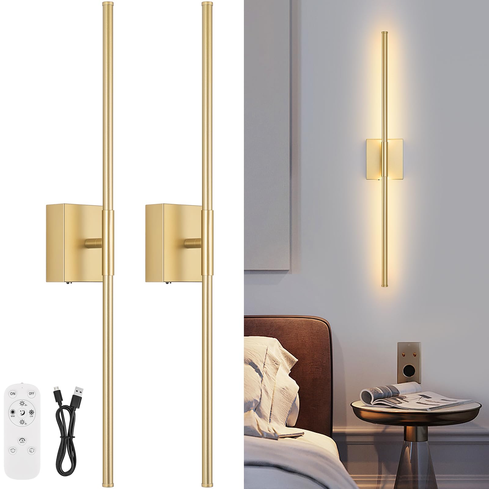 Battery Operated Wall Sconce Set of Two with Remote Control, 3000K-6000K Dimmable Black Wall Lights, Timable LED Wireless Wall Sconces, 350° Ratate for Bathroom, Living Room, Hallway 29.1 Inch