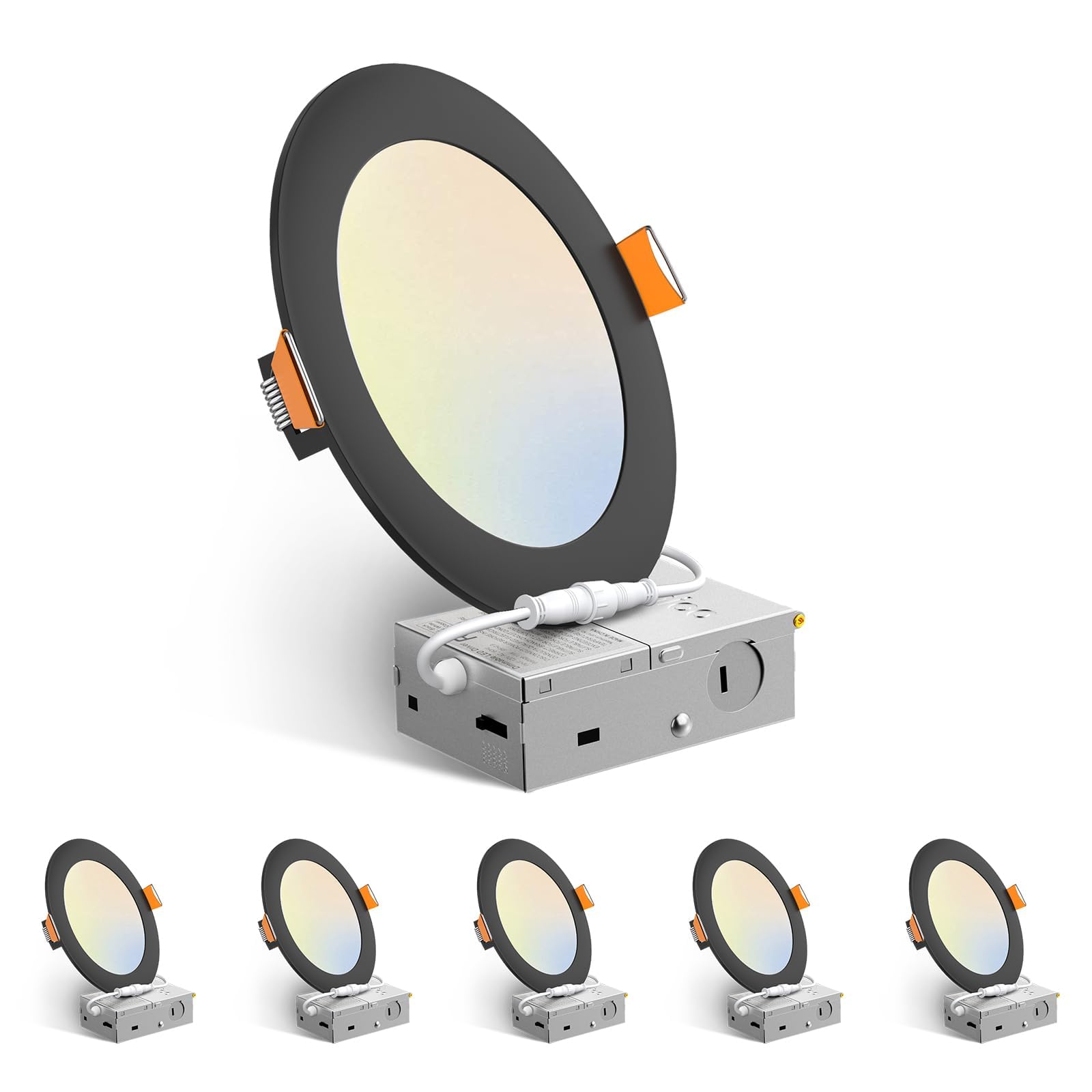Amico 6 Pack 6 Inch 5CCT Ultra-Thin LED Recessed Ceiling Light with Junction Box, 2700K/3000K/3500K/4000K/5000K Selectable, 12W Eqv 110W 1050LM Brightness Dimmable Canless Wafer Downlight, ETL & FCC