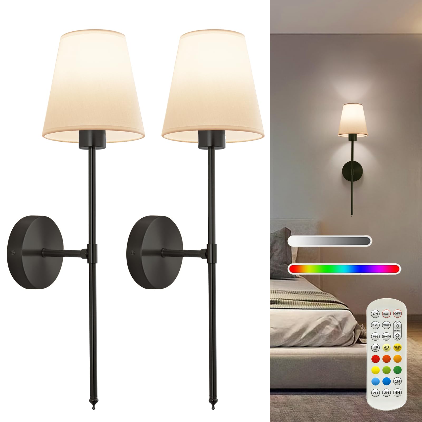 Battery Operated Wall Sconce Set of 2, Gold Rechargeable Wireless Wall Lights with Remote - 5000mAh Dimmable RGB Bulbs | 15 Color, Cordless Wall Lamps for Bedroom, Living Room, Hallway Decor
