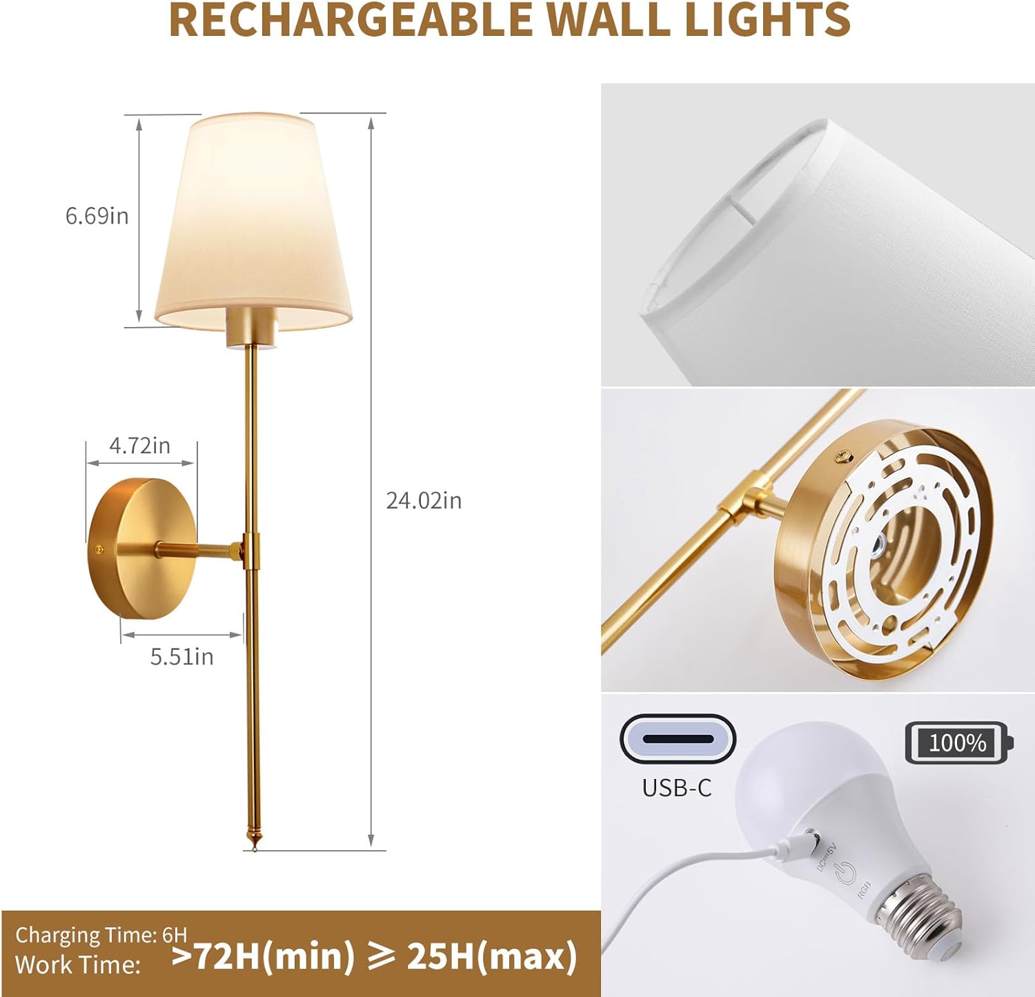 Battery Operated Wall Sconce Set of 2, Gold Rechargeable Wireless Wall Lights with Remote - 5000mAh Dimmable RGB Bulbs | 15 Color, Cordless Wall Lamps for Bedroom, Living Room, Hallway Decor