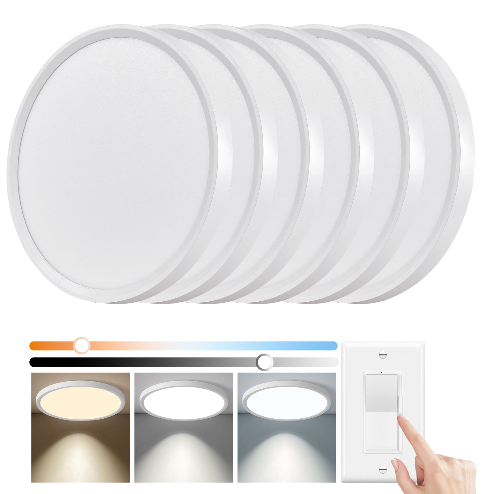 6 Pack 12 Inch Slim Dimmable LED Flush Mount Ceiling Light Fixtures, 24W 2640LM 3000K/4000K/5000K, House Upgrade Led Lights for Bedroom Hallway Laundry Room Rental Units, 240W Equiv., White