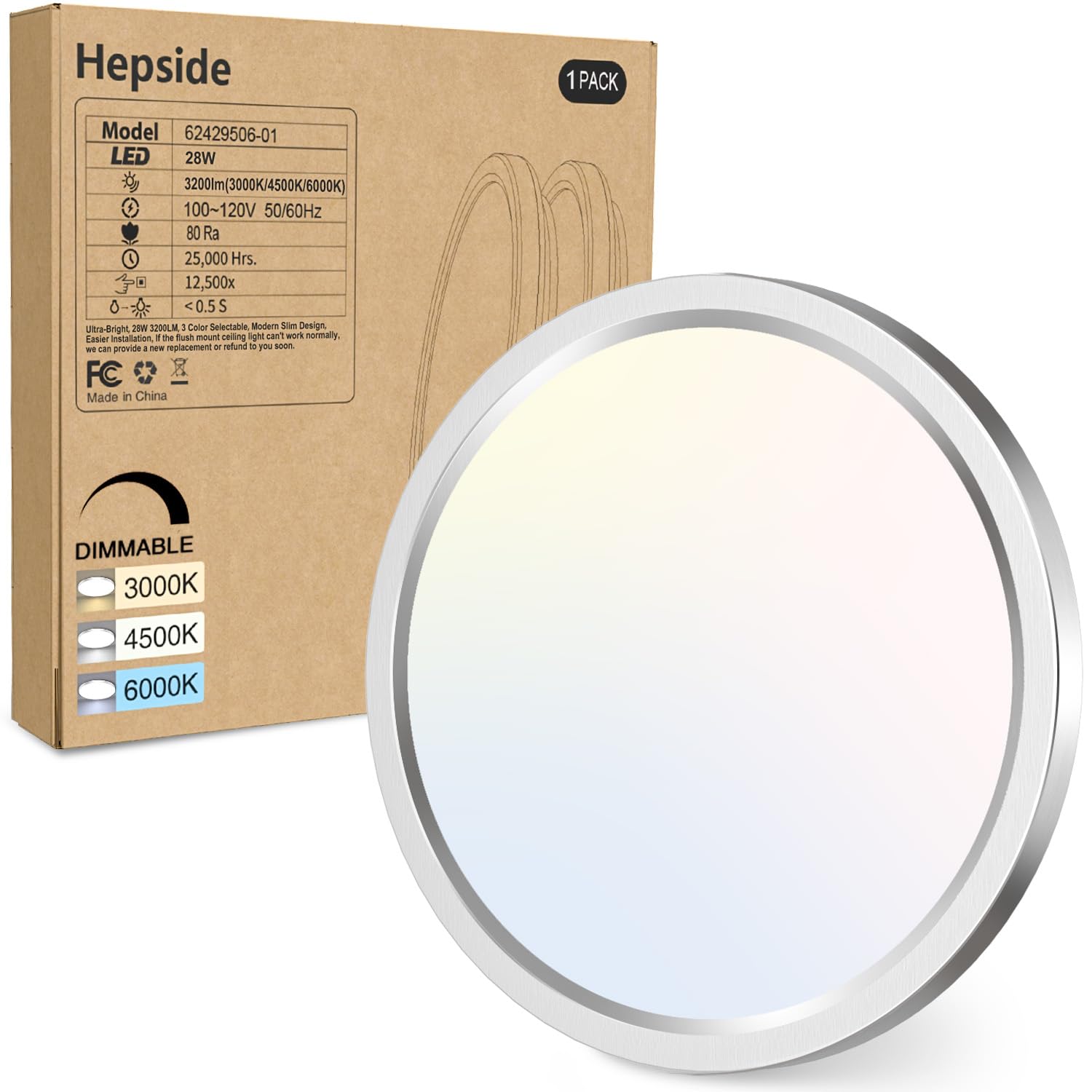 hepside 12Inch Flush Mount Light Fixture White, 28Watt, Dimmable & 3000K-4500K-6000K 3 Color Selectable Flush Ceiling Light Fixture 3200LM Low Profile Ceiling Light for Kitchen Bedroom Hallway Porch