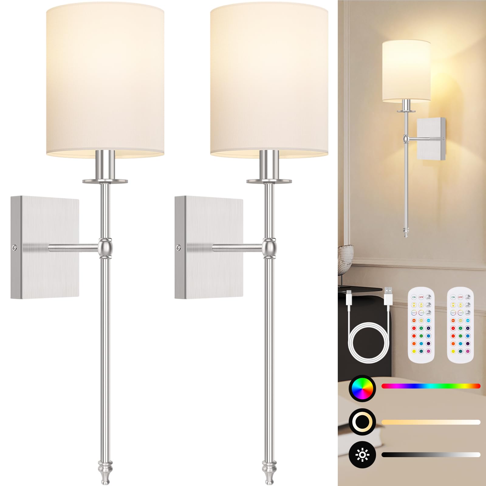 24.8 Inch Black Battery Operated Wall Sconces Set of 2, Rechargeable Wireless Wall Lights with Remote & White Fabric Shade, Indoor Not Hardwired Dimmable Wall Lamps for Bedroom, 2 Bulbs Included