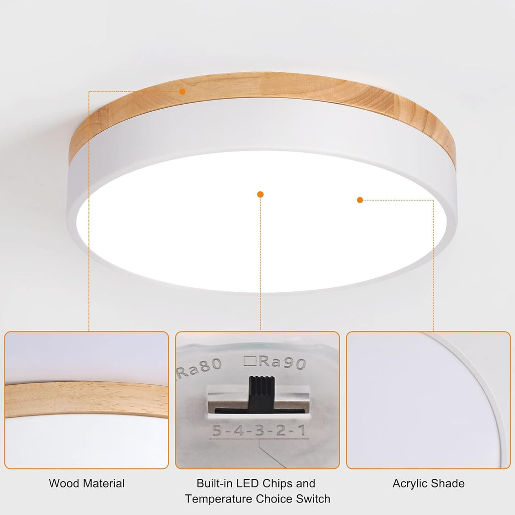 Yiisem Dimmable Wood LED Flush Mount Ceiling Light, 5CCT 2700K-6000K Modern Round Close to Ceiling Lighting Fixtures, Minimalist White Ceiling Lamp for Bedroom, Kitchen, Hallway, Laundry Room