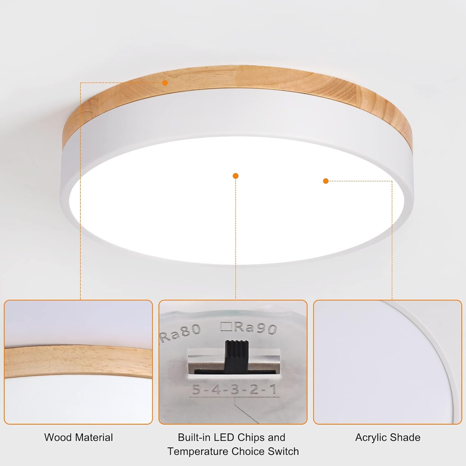 Yiisem Dimmable Wood LED Flush Mount Ceiling Light, 5CCT 2700K-6000K Modern Round Close to Ceiling Lighting Fixtures, Minimalist White Ceiling Lamp for Bedroom, Kitchen, Hallway, Laundry Room