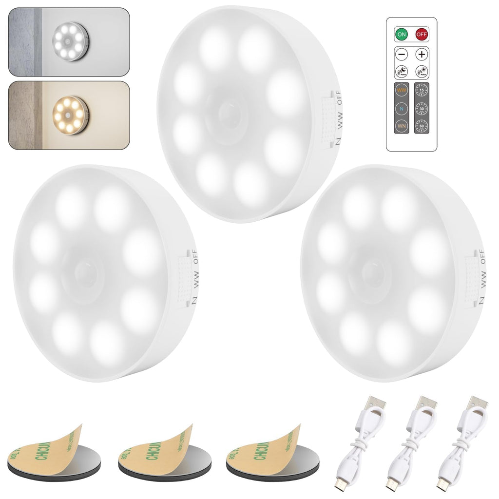 Upgraded Motion Sensor Light, 8 LEDs, 3 Pack Rechargeable, 120 Detection, 3 Modes - Closet, Bedroom, Stair, Hallway Light - 6000K Cold White