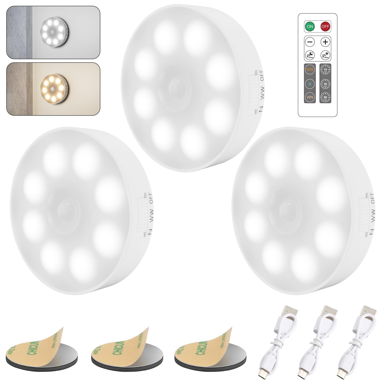 Upgraded Motion Sensor Light, 8 LEDs, 3 Pack Rechargeable, 120 Detection, 3 Modes - Closet, Bedroom, Stair, Hallway Light - 6000K Cold White