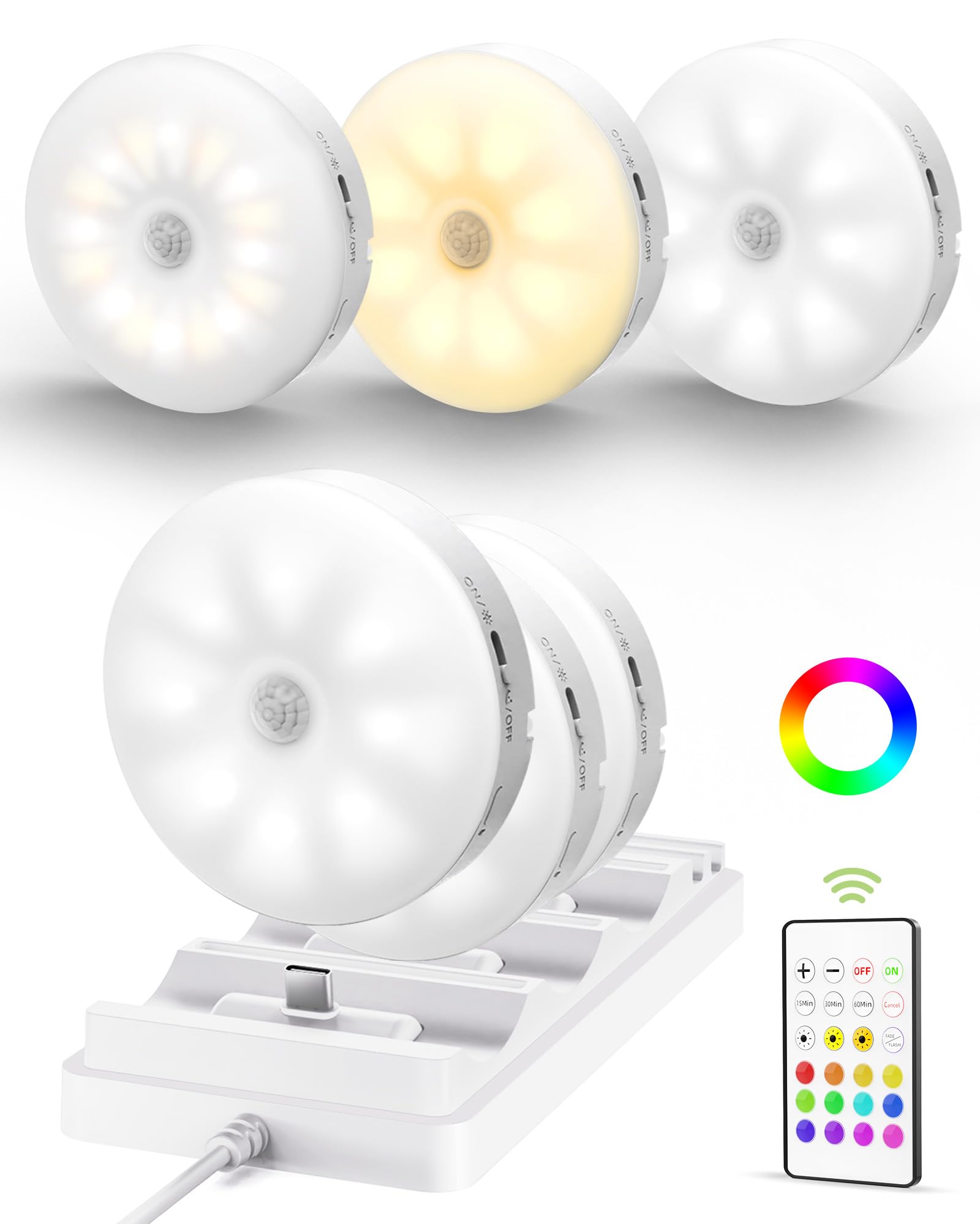 EZVALO 6-Pack Under Cabinet Lighting, Rechargeable Motion Sensor Puck Light with Remote, 3 Color Temps & 12 RGB Colors, Magnetic Stick on Light, Dimmable Under Counter Light for Kitchen, Home Decor