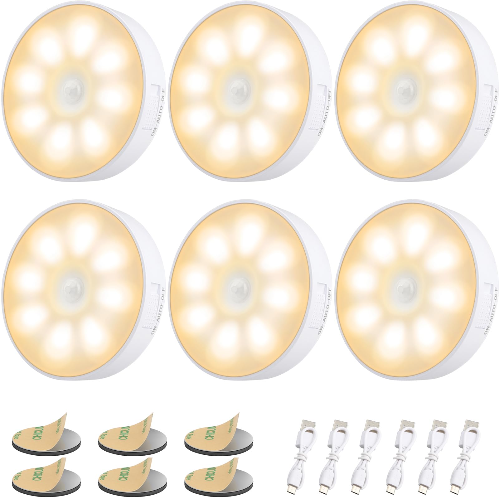 Upgraded Motion Sensor Light, 8 LEDs, 3 Pack Rechargeable, 120 Detection, 3 Modes - Closet, Bedroom, Stair, Hallway Light - 6000K Cold White