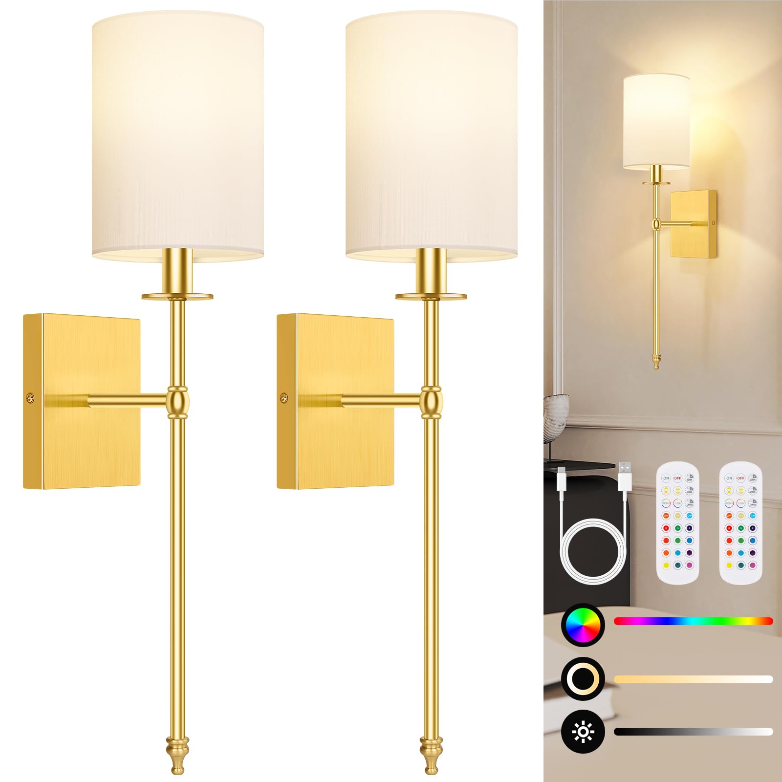 24.8 Inch Black Battery Operated Wall Sconces Set of 2, Rechargeable Wireless Wall Lights with Remote & White Fabric Shade, Indoor Not Hardwired Dimmable Wall Lamps for Bedroom, 2 Bulbs Included