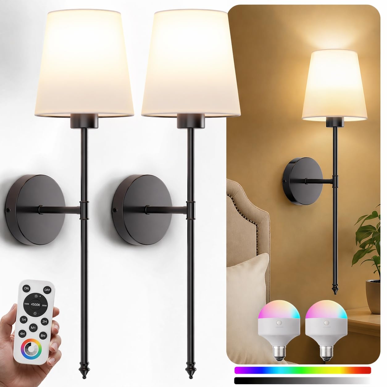 IRONPAX Wall Sconces Battery Operated Set of 2, Wireless Rechargeable Wall Sconce Set of Two, Dimmable Wall Lights with Remote for Bedroom Living Room Hallway Decor (Gold, Fabric Shade)