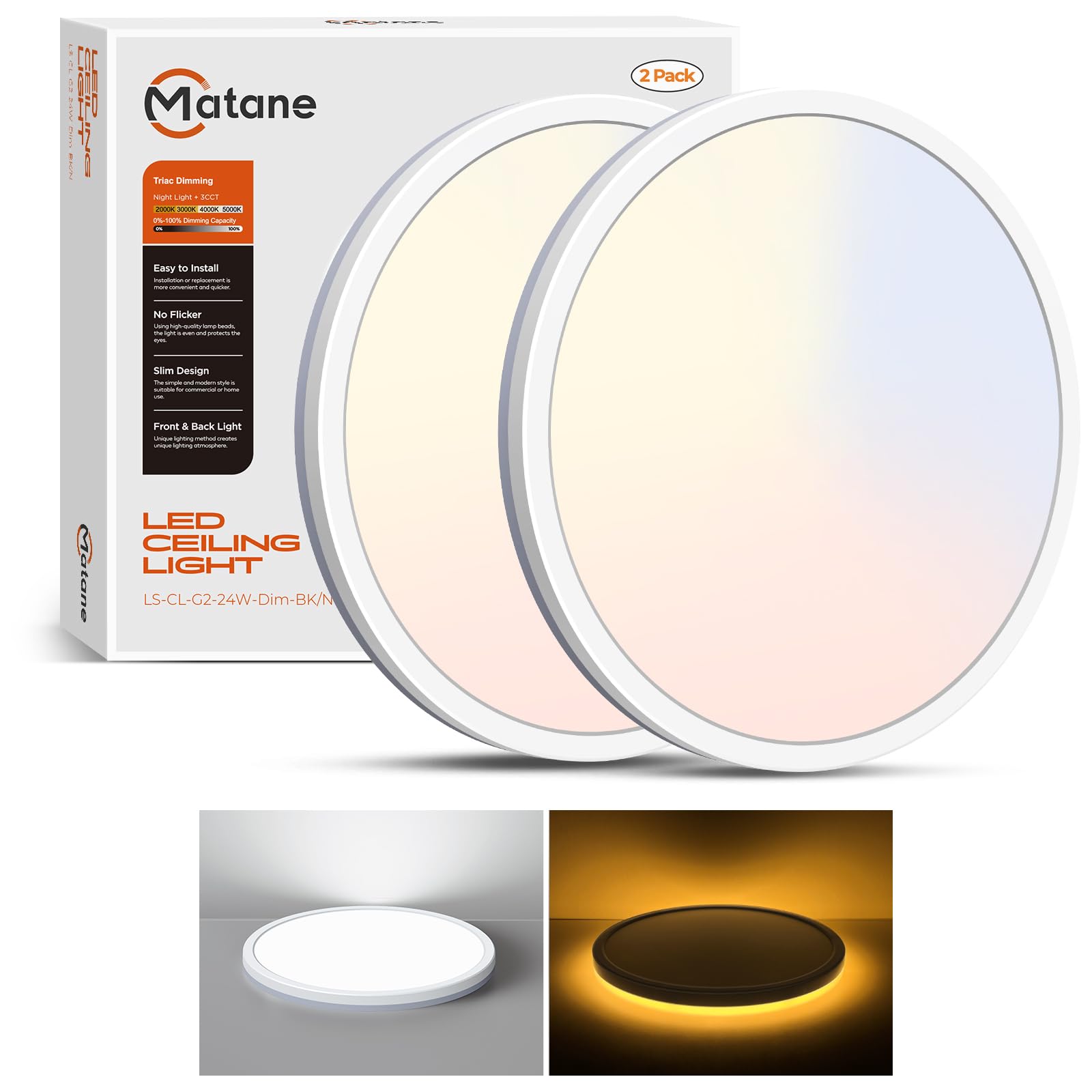 Matane 12 Inch LED Flush Mount Ceiling Light Fixture with Night Light, 24W 2400LM 3000K/4000K/5000K Selectable, Dimmable Ceiling Lights for Bedroom, Dining Room, Kitchen, Round Black