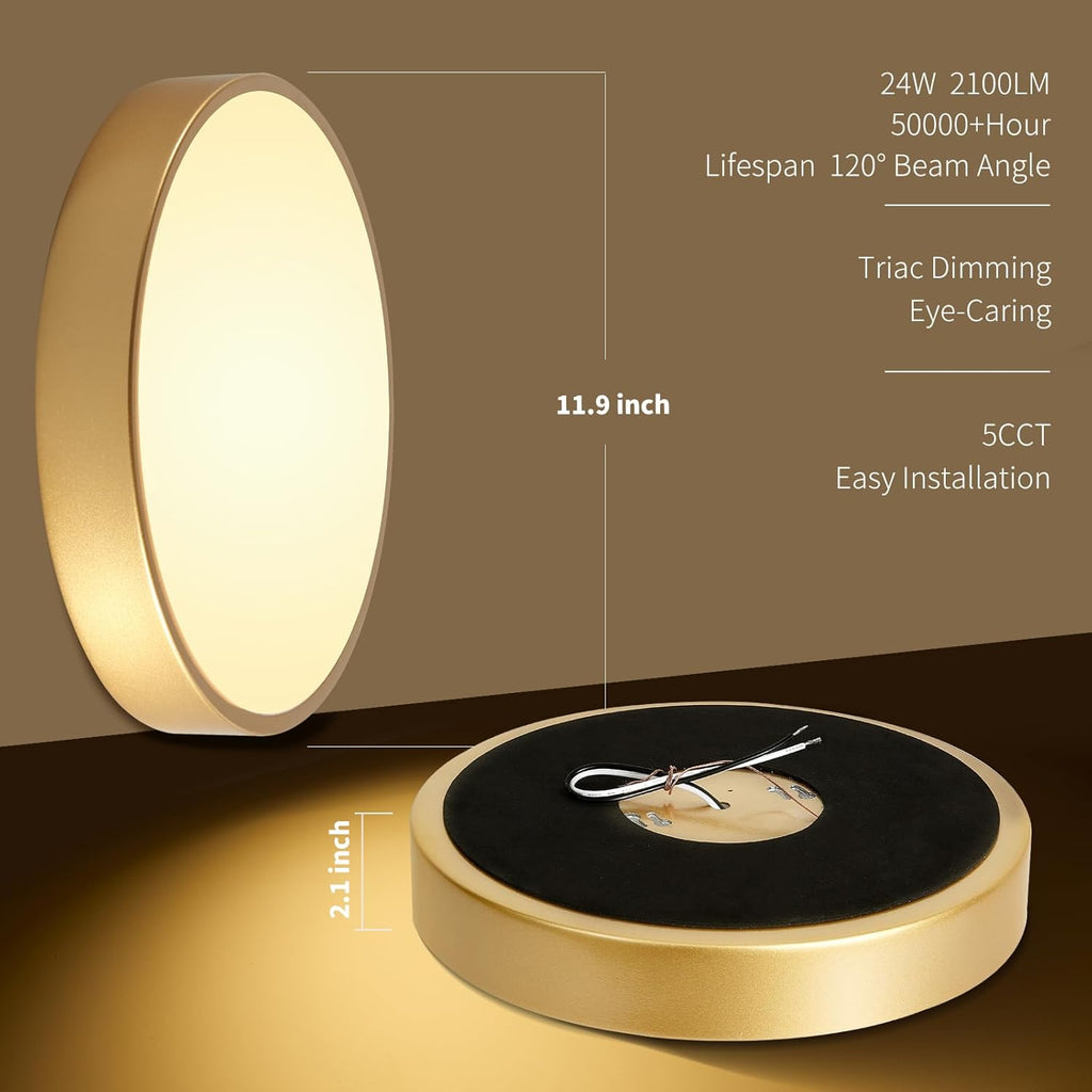 Flush Mount Ceiling Light Gold 12 Inch LED Dimmable Ceiling Light 24W 5CCT(2700K-5000K) Bedroom Lamp Entryway for Bedroom Foyer Kitchen Entryway Closet Hallway