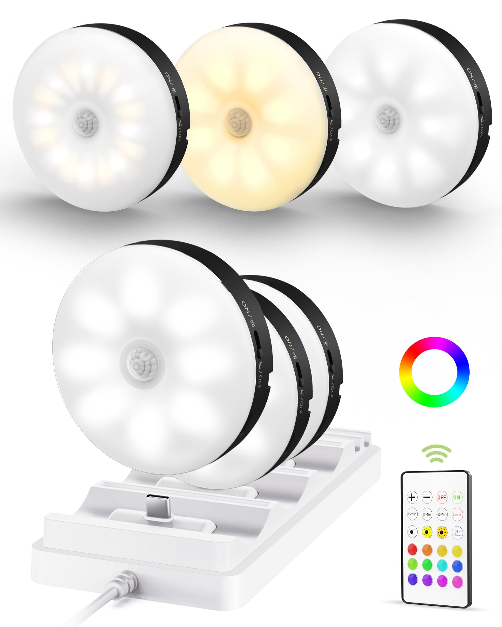 EZVALO 6-Pack Under Cabinet Lighting, Rechargeable Motion Sensor Puck Light with Remote, 3 Color Temps & 12 RGB Colors, Magnetic Stick on Light, Dimmable Under Counter Light for Kitchen, Home Decor