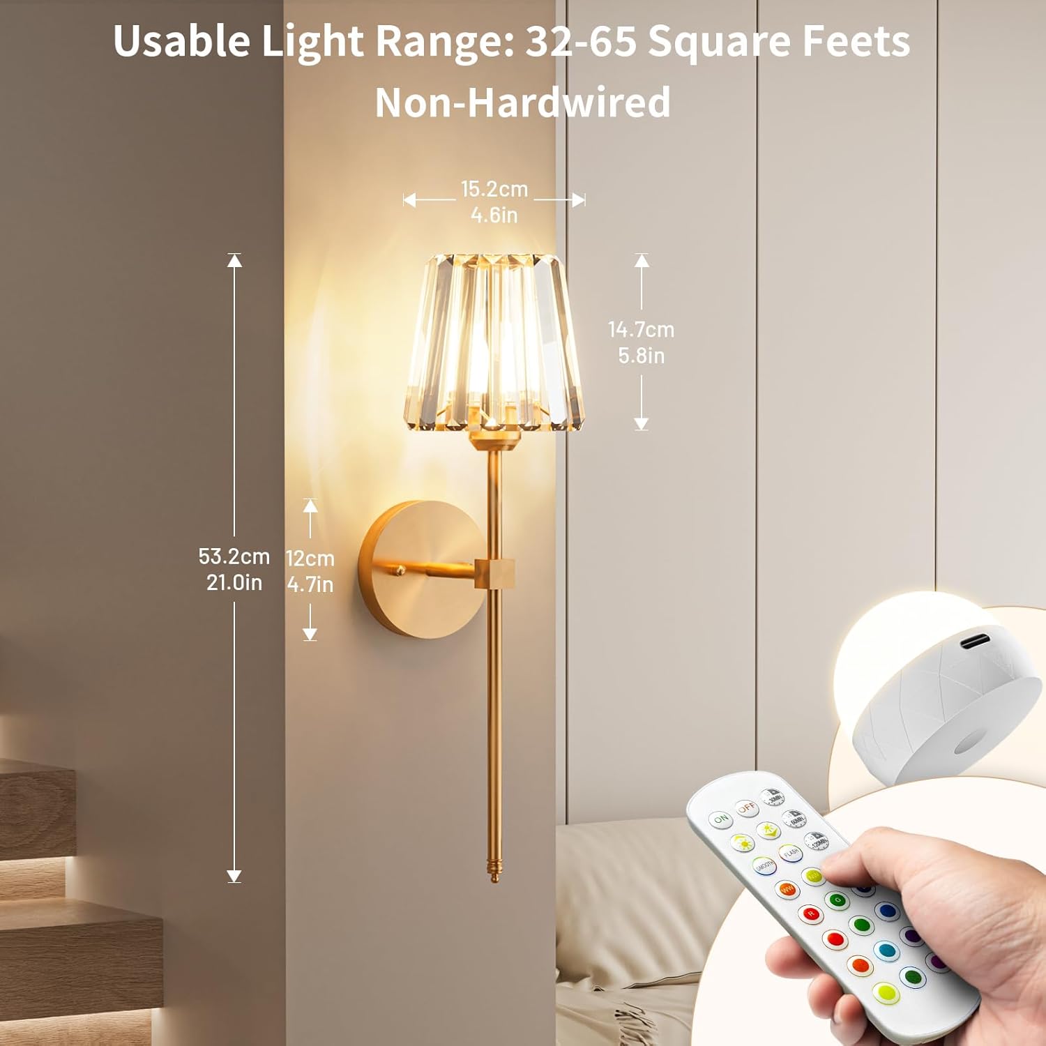 Crystal Battery Operated Wall Sconces Set of 2, Gold Rechargeable Wireless Wall Sconce Lights with Crystal Lampshade, 12 RGB and 3CCT Dimmable Wall Lamps with Remote for Bedroom Living Room Hallway