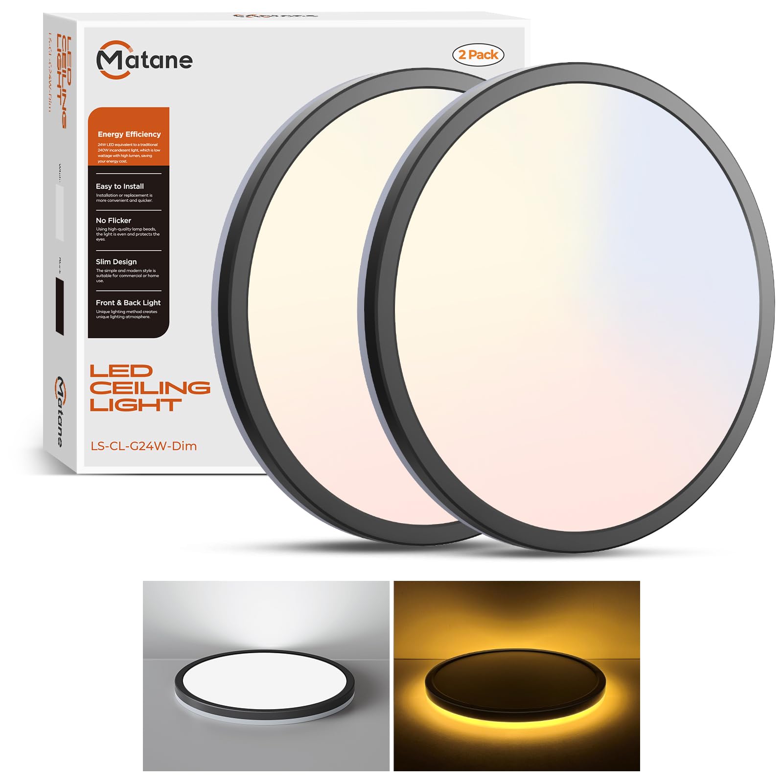Matane 12 Inch LED Flush Mount Ceiling Light Fixture with Night Light, 24W 2400LM 3000K/4000K/5000K Selectable, Dimmable Ceiling Lights for Bedroom, Dining Room, Kitchen, Round Black