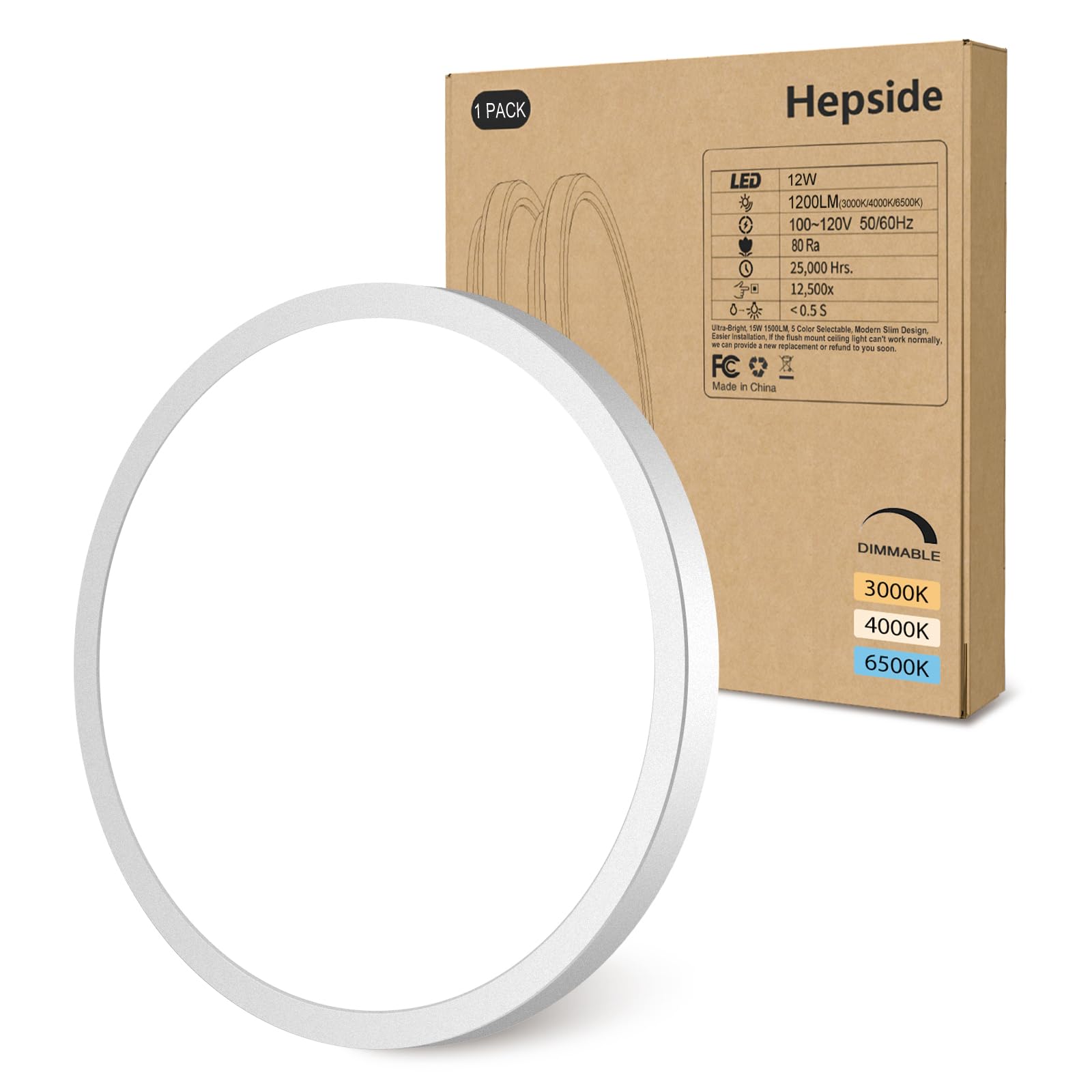 hepside 12Inch Flush Mount Light Fixture White, 28Watt, Dimmable & 3000K-4500K-6000K 3 Color Selectable Flush Ceiling Light Fixture 3200LM Low Profile Ceiling Light for Kitchen Bedroom Hallway Porch