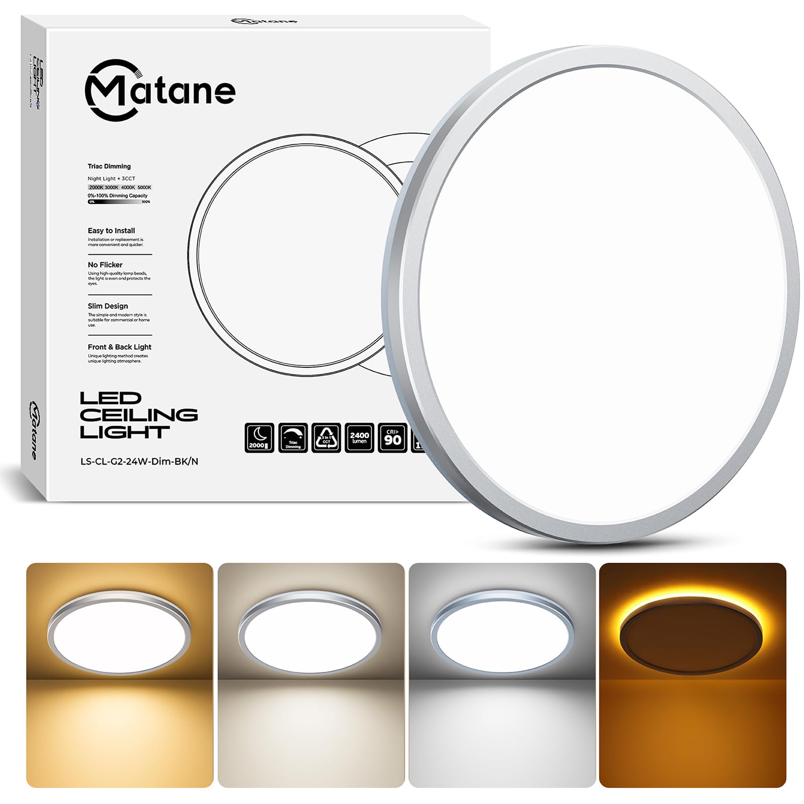 Matane 12 Inch LED Flush Mount Ceiling Light Fixture with Night Light, 24W 2400LM 3000K/4000K/5000K Selectable, Dimmable Ceiling Lights for Bedroom, Dining Room, Kitchen, Round Black