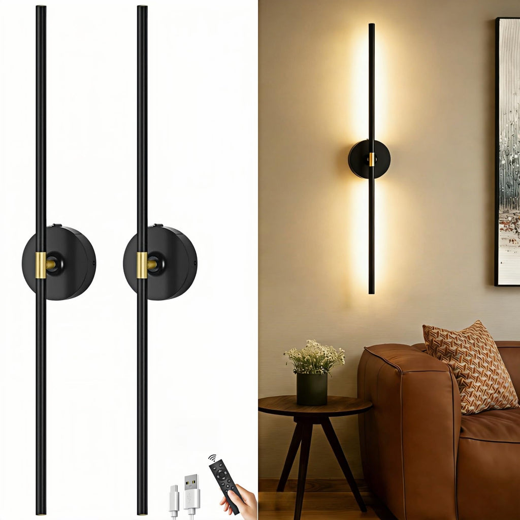 Battery Operated Wall Sconce Set of Two: Gold Wireless Rechargeable Wall Light with 10000mAh Detachable Battery and Remote, 360° Rotatable Scone Wall Decor for Bedroom Hallway Bathroom, 31.5inch