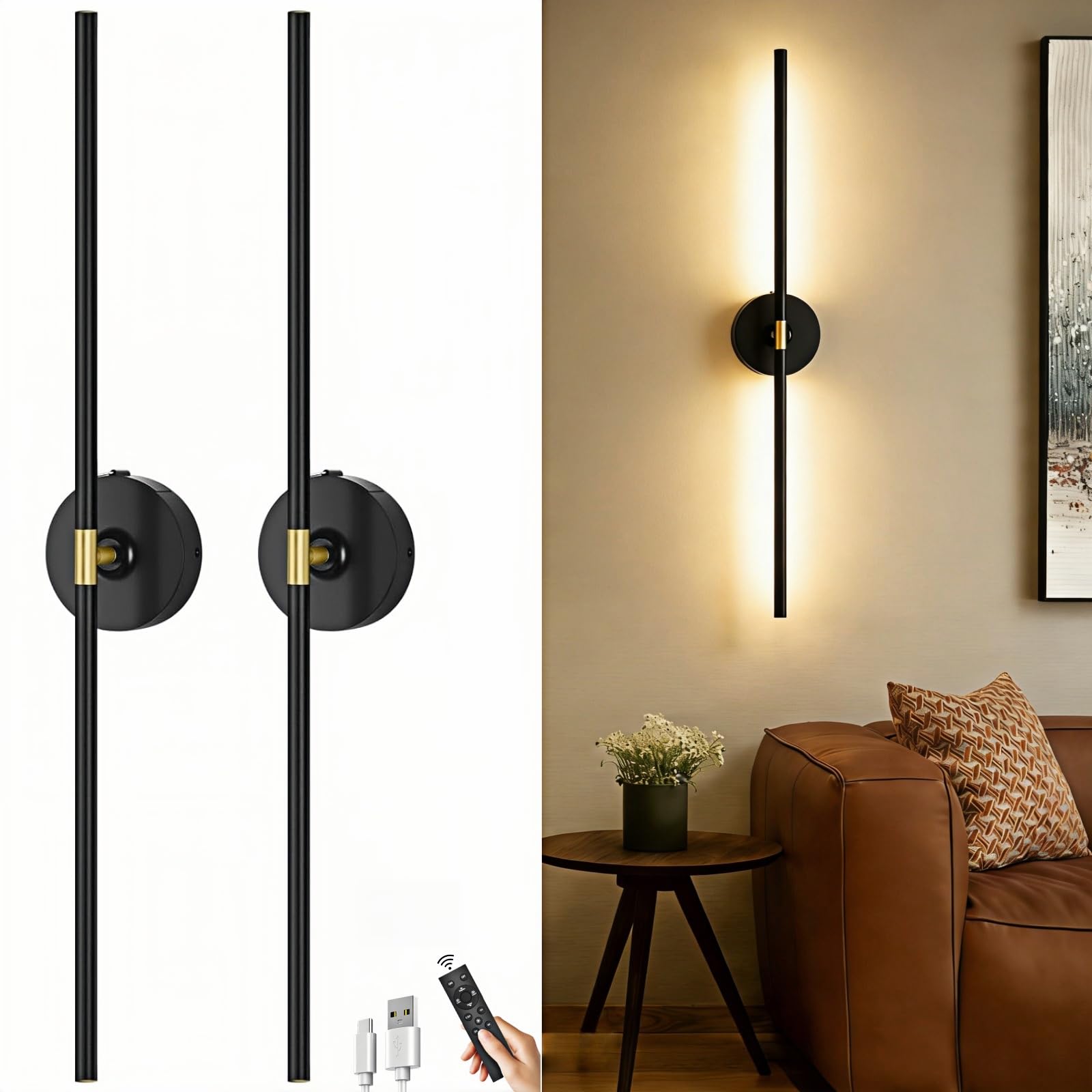 Battery Operated Wall Sconce Set of Two: Gold Wireless Rechargeable Wall Light with 10000mAh Detachable Battery and Remote, 360° Rotatable Scone Wall Decor for Bedroom Hallway Bathroom, 31.5inch