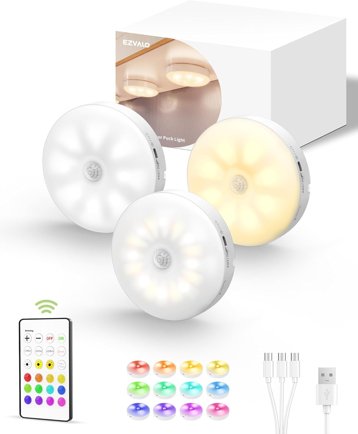 EZVALO 6-Pack Under Cabinet Lighting, Rechargeable Motion Sensor Puck Light with Remote, 3 Color Temps & 12 RGB Colors, Magnetic Stick on Light, Dimmable Under Counter Light for Kitchen, Home Decor