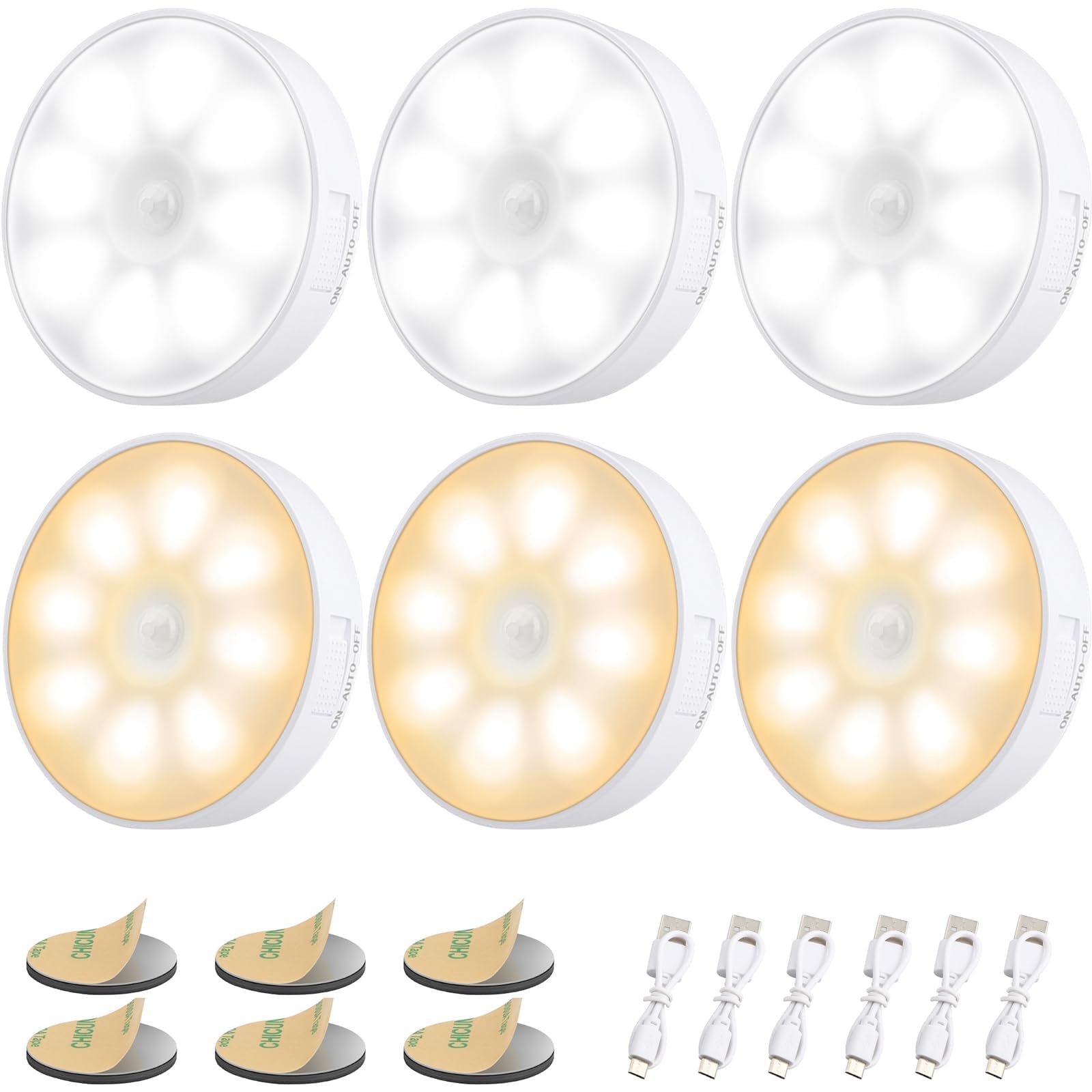 Upgraded Motion Sensor Light, 8 LEDs, 3 Pack Rechargeable, 120 Detection, 3 Modes - Closet, Bedroom, Stair, Hallway Light - 6000K Cold White
