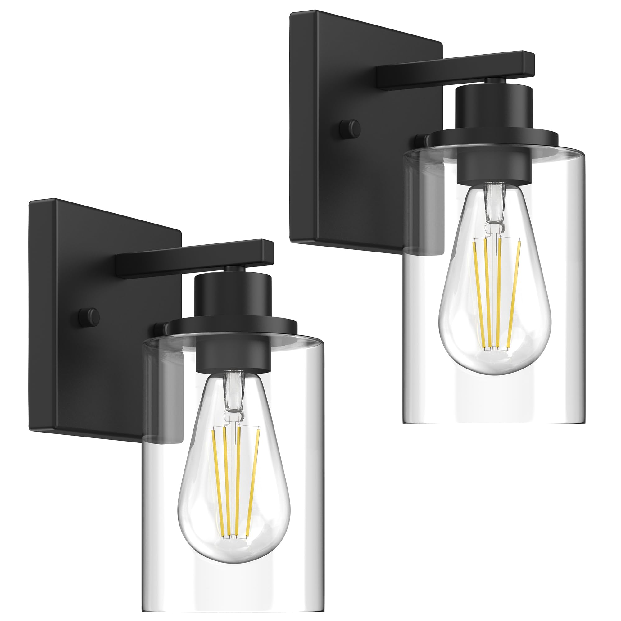 Kalium Wall Sconces Set of Two, Modern Vanity Lights with Double Clear Glass Shade Matte Black Indoor Farmhouse Wall Lights for Bathroom Living Room Bedroom Mirror Hallway Bulb E26 Base (2PCS)