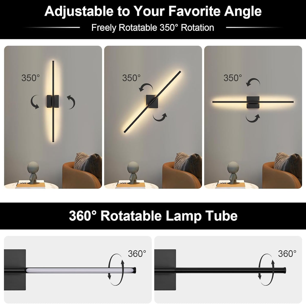 Battery Operated Wall Sconce Set of Two with Remote Control, 3000K-6000K Dimmable Black Wall Lights, Timable LED Wireless Wall Sconces, 350° Ratate for Bathroom, Living Room, Hallway 29.1 Inch
