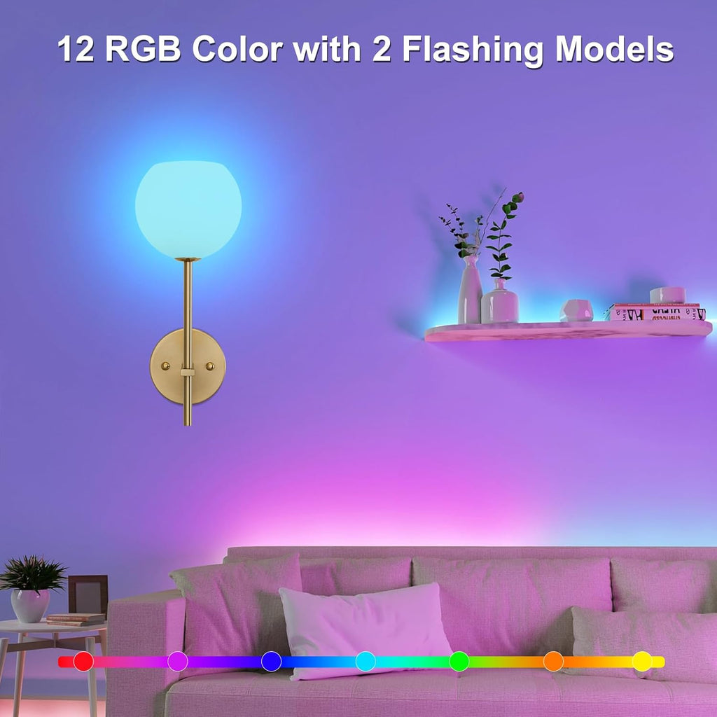 Gold Battery Operated Wall Sconces Set of 2, Rechargeable Wireless Wall Lights with Milky White Frosted Glass Shade, 12 RGB and 3CCT Dimmable, Wall Lamps with Remote for Bedroom Living Room Hallway
