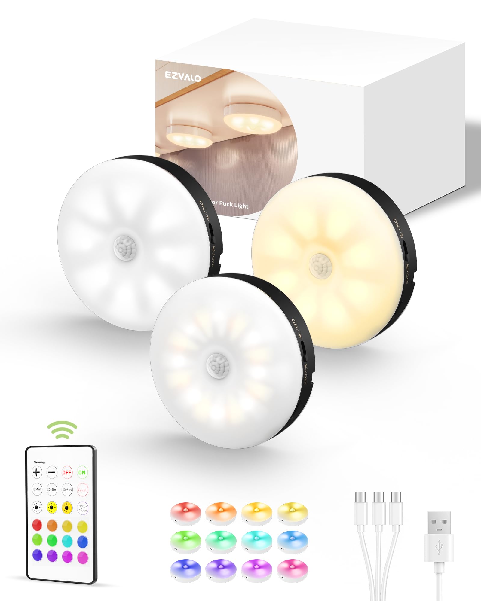 EZVALO 6-Pack Under Cabinet Lighting, Rechargeable Motion Sensor Puck Light with Remote, 3 Color Temps & 12 RGB Colors, Magnetic Stick on Light, Dimmable Under Counter Light for Kitchen, Home Decor