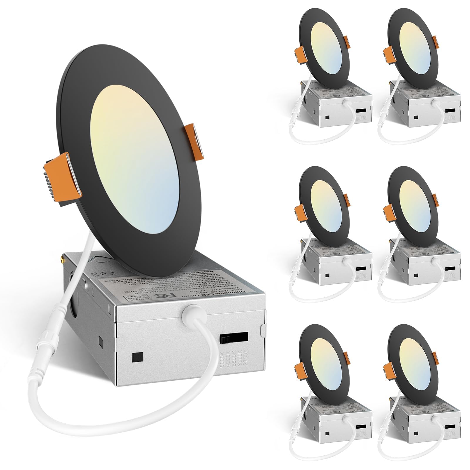 Amico 6 Pack 6 Inch 5CCT Ultra-Thin LED Recessed Ceiling Light with Junction Box, 2700K/3000K/3500K/4000K/5000K Selectable, 12W Eqv 110W 1050LM Brightness Dimmable Canless Wafer Downlight, ETL & FCC