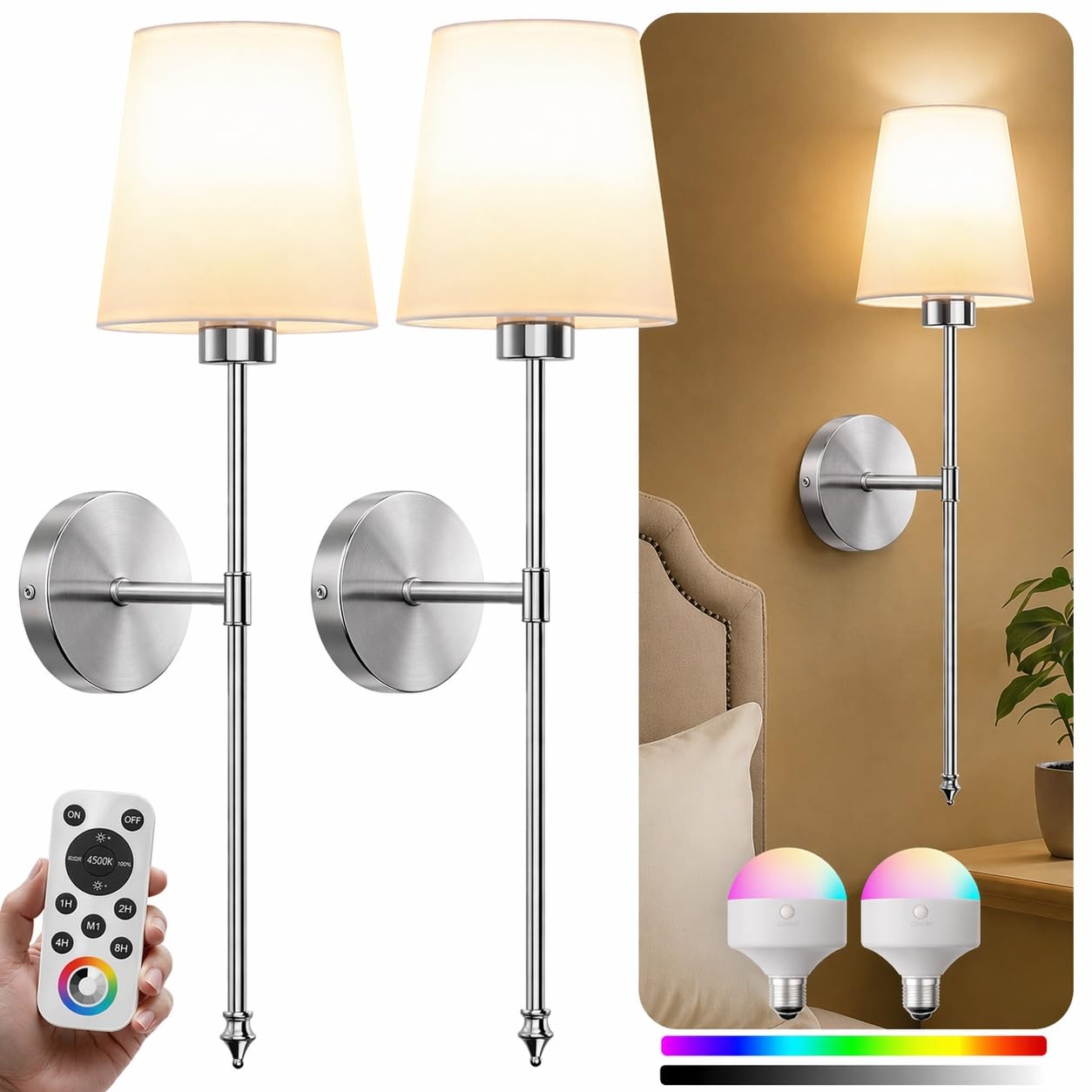 IRONPAX Wall Sconces Battery Operated Set of 2, Wireless Rechargeable Wall Sconce Set of Two, Dimmable Wall Lights with Remote for Bedroom Living Room Hallway Decor (Gold, Fabric Shade)