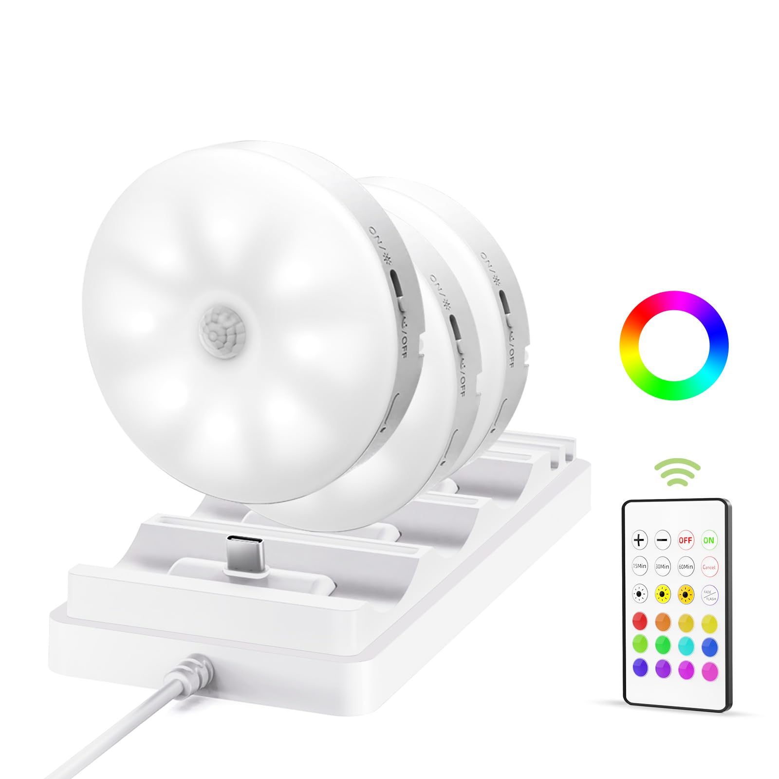 EZVALO 6-Pack Under Cabinet Lighting, Rechargeable Motion Sensor Puck Light with Remote, 3 Color Temps & 12 RGB Colors, Magnetic Stick on Light, Dimmable Under Counter Light for Kitchen, Home Decor