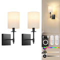 24.8 Inch Black Battery Operated Wall Sconces Set of 2, Rechargeable Wireless Wall Lights with Remote & White Fabric Shade, Indoor Not Hardwired Dimmable Wall Lamps for Bedroom, 2 Bulbs Included
