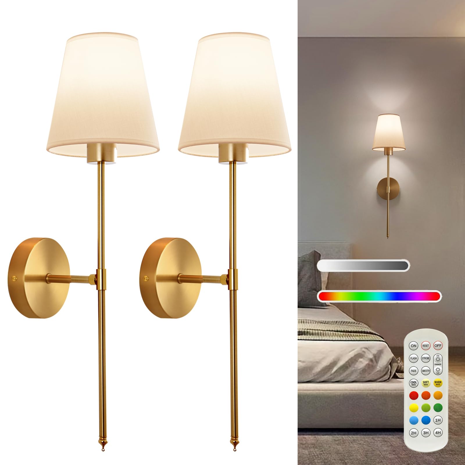Battery Operated Wall Sconce Set of 2, Gold Rechargeable Wireless Wall Lights with Remote - 5000mAh Dimmable RGB Bulbs | 15 Color, Cordless Wall Lamps for Bedroom, Living Room, Hallway Decor