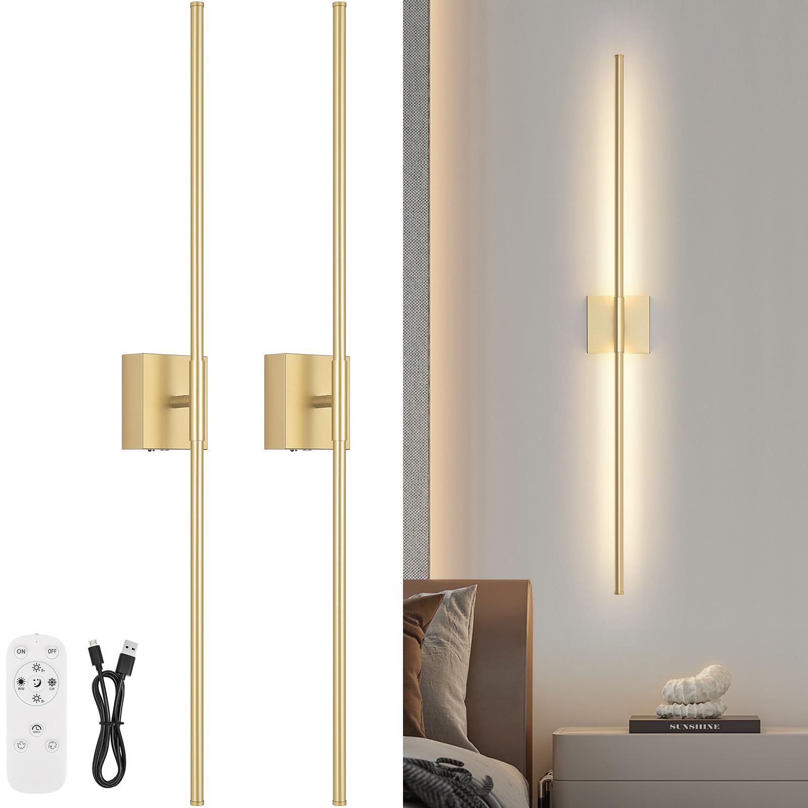 Battery Operated Wall Sconce Set of Two with Remote Control, 3000K-6000K Dimmable Black Wall Lights, Timable LED Wireless Wall Sconces, 350° Ratate for Bathroom, Living Room, Hallway 29.1 Inch