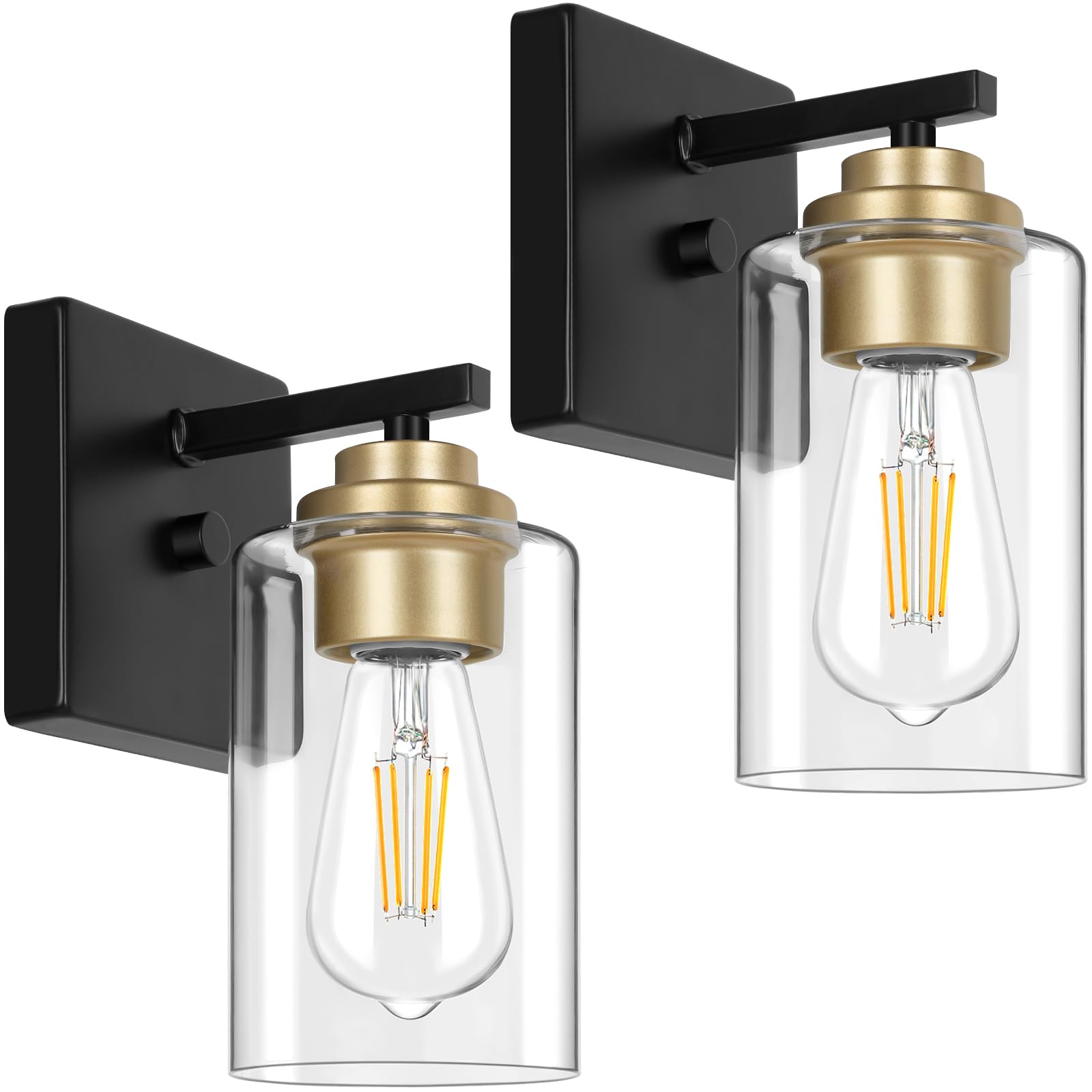 Set of 2 Wall Sconces for Bathroom, Modern Vanity Light Fixtures, Matte Black Wall Mount Lighting Lanterns, Farmhouse Wall Lights with Clear Glass Shade for Bedroom Living Room Mirror Hallway Kitchen