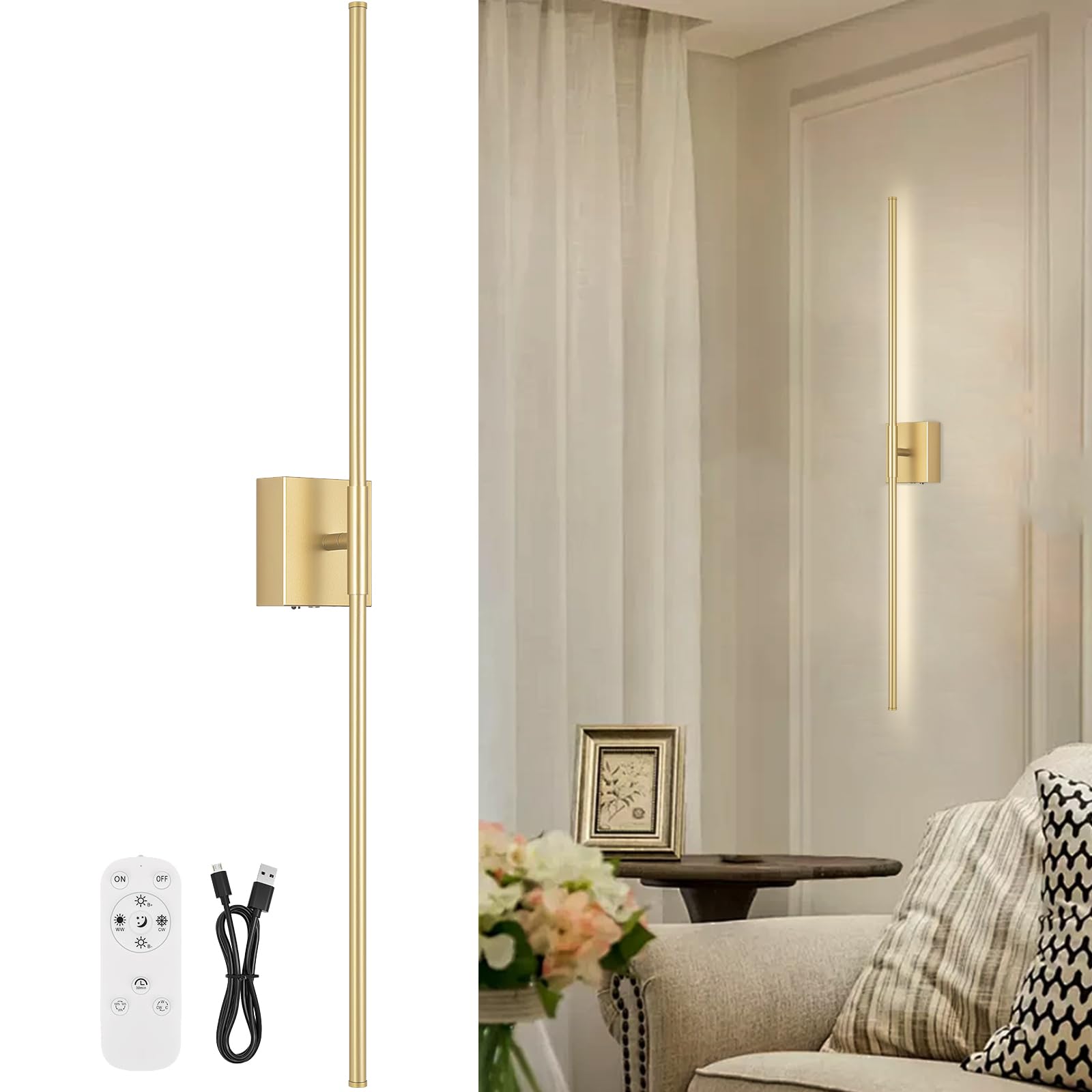 Battery Operated Wall Sconce Set of Two with Remote Control, 3000K-6000K Dimmable Black Wall Lights, Timable LED Wireless Wall Sconces, 350° Ratate for Bathroom, Living Room, Hallway 29.1 Inch