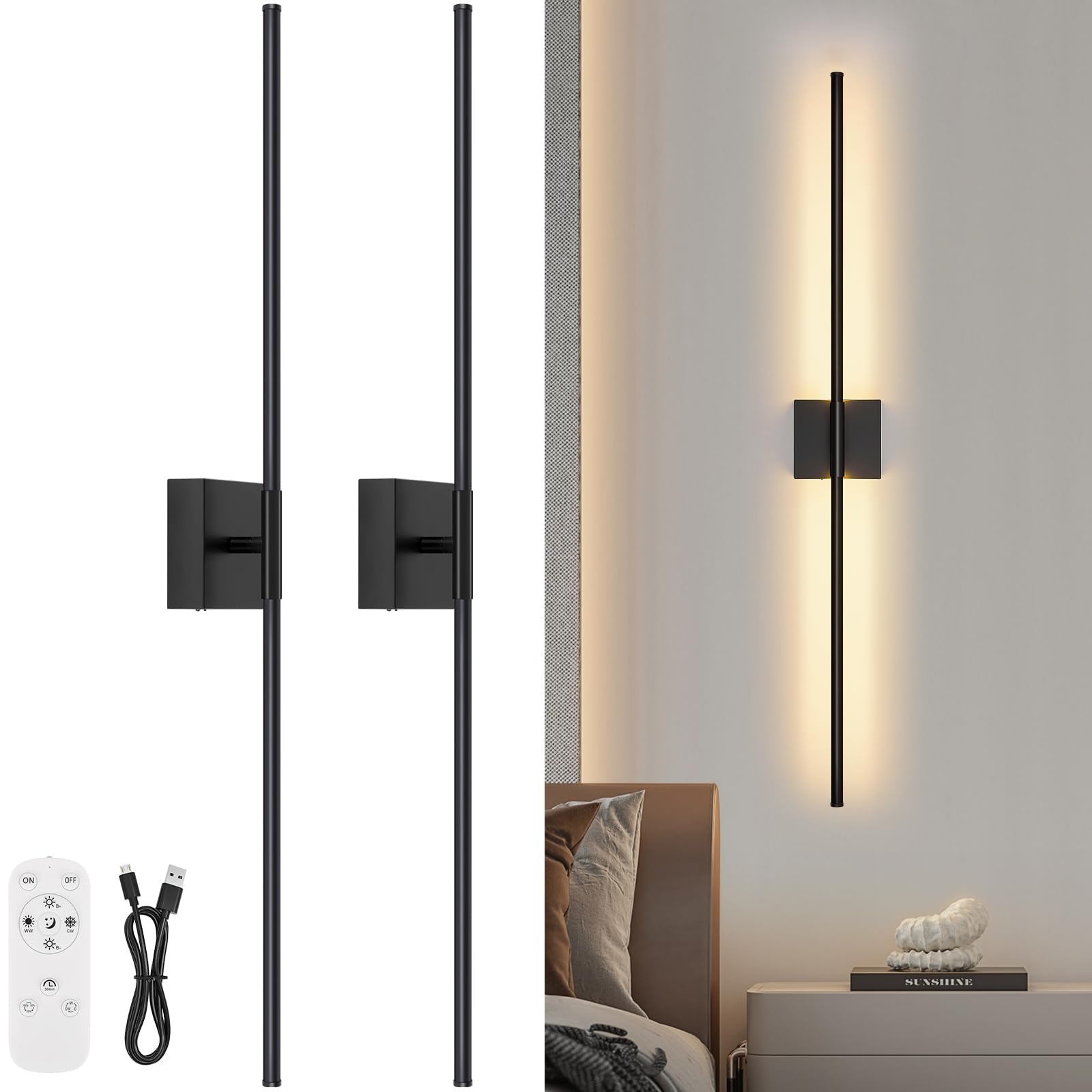 Battery Operated Wall Sconce Set of Two with Remote Control, 3000K-6000K Dimmable Black Wall Lights, Timable LED Wireless Wall Sconces, 350° Ratate for Bathroom, Living Room, Hallway 29.1 Inch