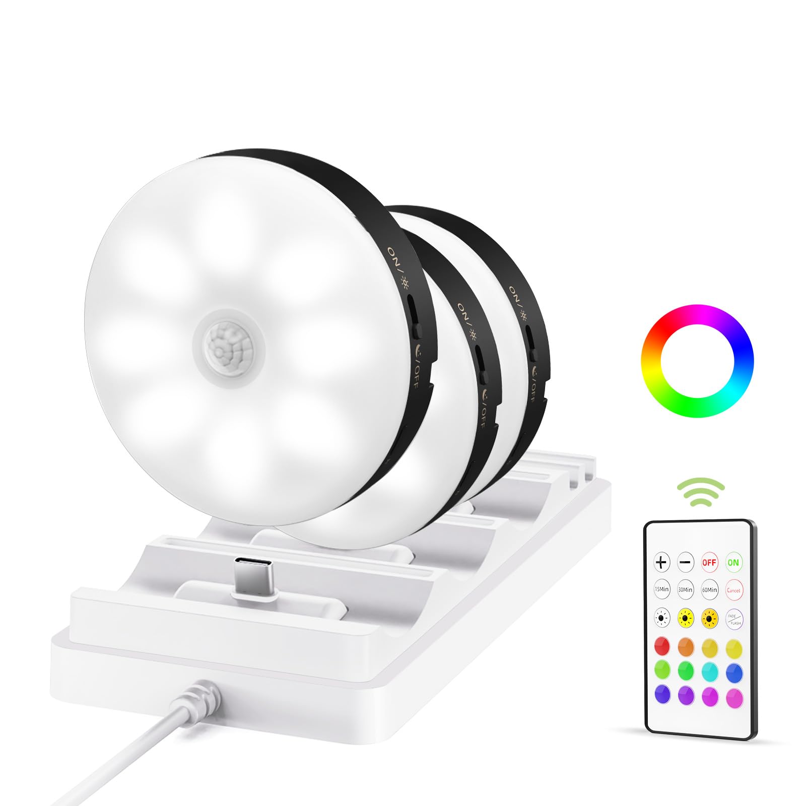 EZVALO 6-Pack Under Cabinet Lighting, Rechargeable Motion Sensor Puck Light with Remote, 3 Color Temps & 12 RGB Colors, Magnetic Stick on Light, Dimmable Under Counter Light for Kitchen, Home Decor