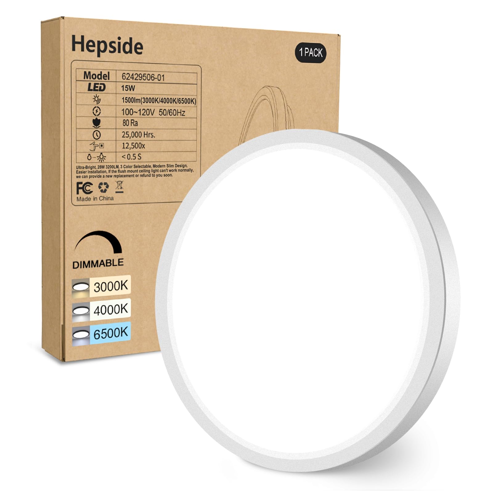 hepside 12Inch Flush Mount Light Fixture White, 28Watt, Dimmable & 3000K-4500K-6000K 3 Color Selectable Flush Ceiling Light Fixture 3200LM Low Profile Ceiling Light for Kitchen Bedroom Hallway Porch