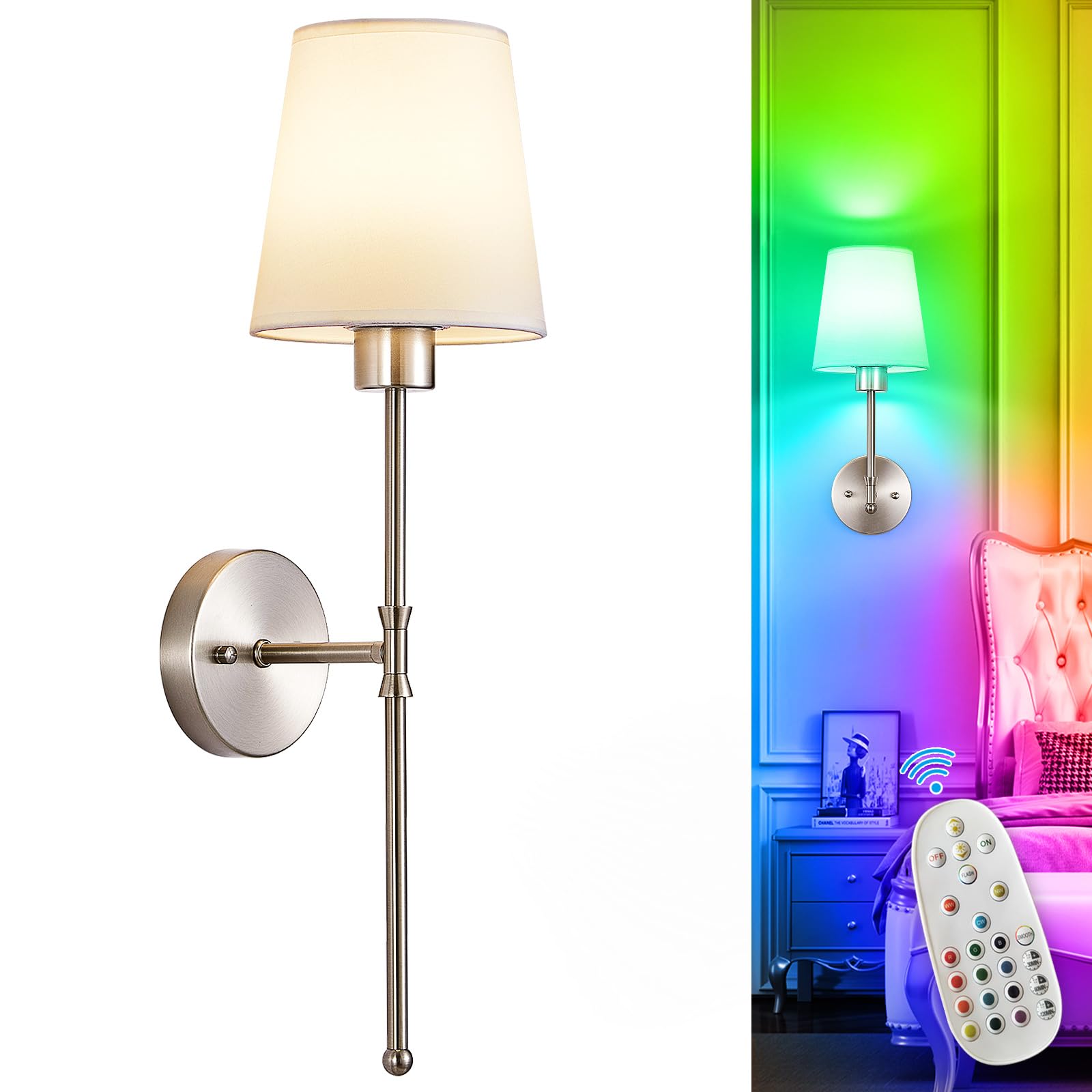 Depuley Battery Operated Wall Sconce: Set of 2 Wireless Wall Lights with 10000mAh Dimmable Bulbs and Remote for Bedroom - Rechargeable 15 Colors Gold Wall Lamp for Living Room Hallway