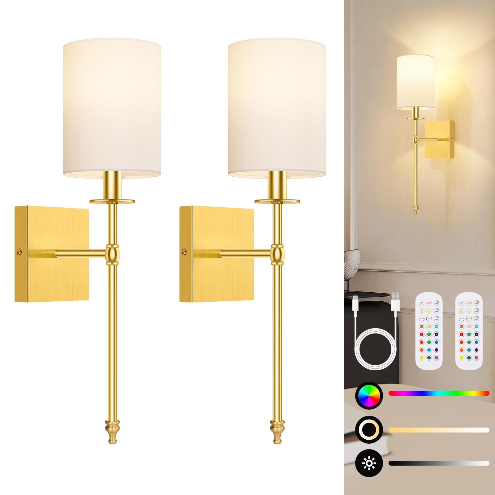 24.8 Inch Black Battery Operated Wall Sconces Set of 2, Rechargeable Wireless Wall Lights with Remote & White Fabric Shade, Indoor Not Hardwired Dimmable Wall Lamps for Bedroom, 2 Bulbs Included