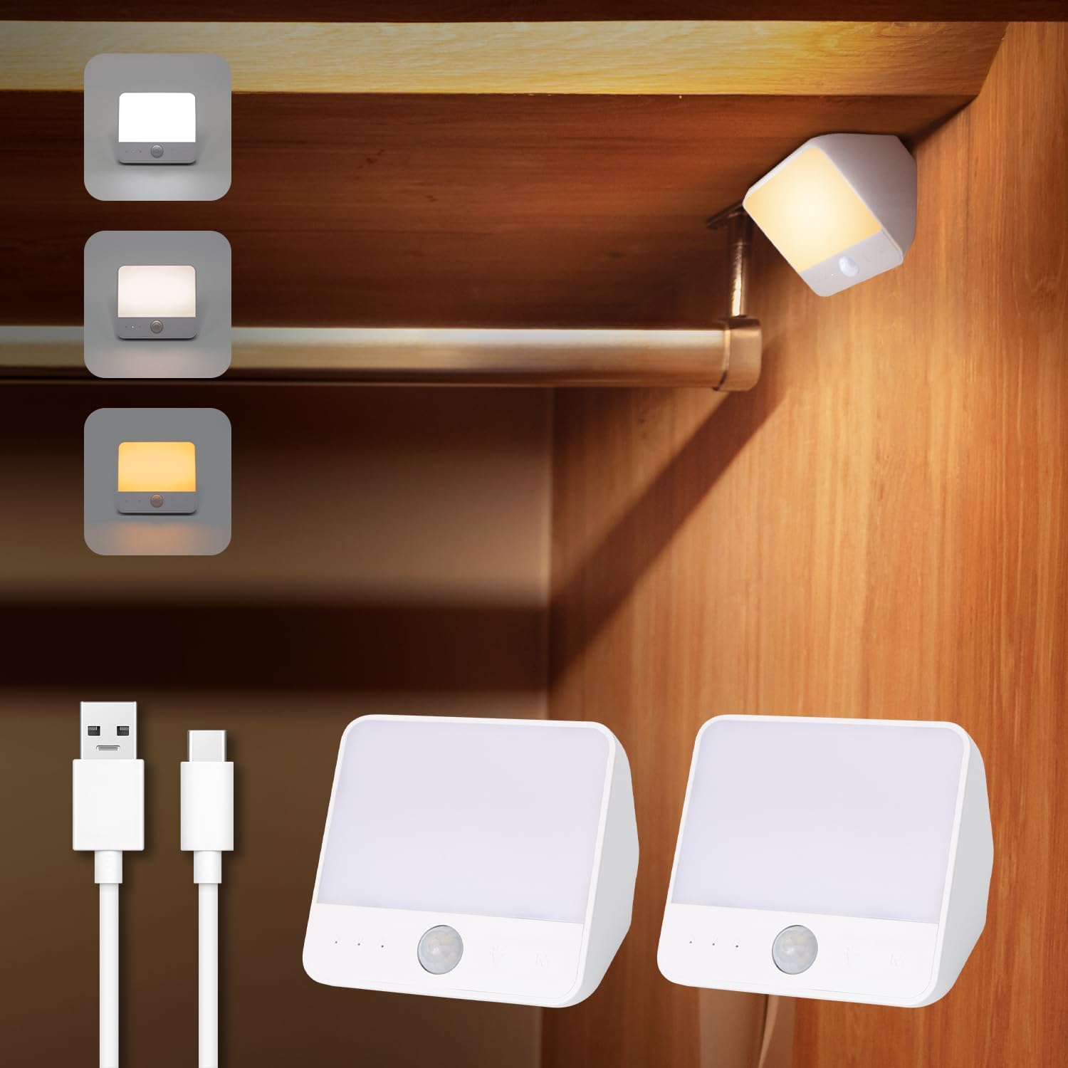 Motion Sensor Light Indoor Rechargeable, Battery Night Light 2000mAh, Motion Activated Night Lights Stick on 2 Pack, Dimmable Stair Lights for Bathroom, Hallway, Kitchen, Traveling, Cabinet, Keyhole