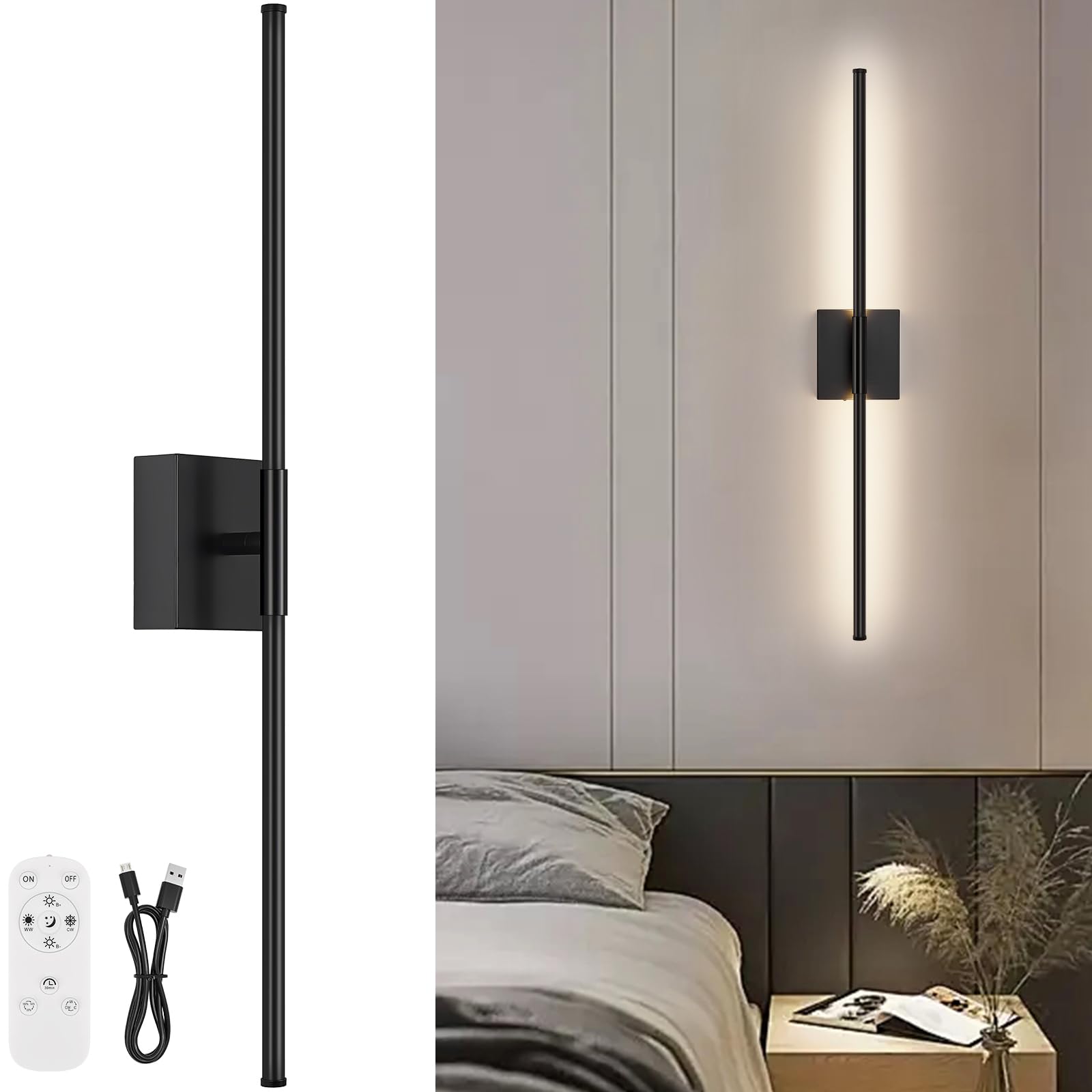 Battery Operated Wall Sconce Set of Two with Remote Control, 3000K-6000K Dimmable Black Wall Lights, Timable LED Wireless Wall Sconces, 350° Ratate for Bathroom, Living Room, Hallway 29.1 Inch